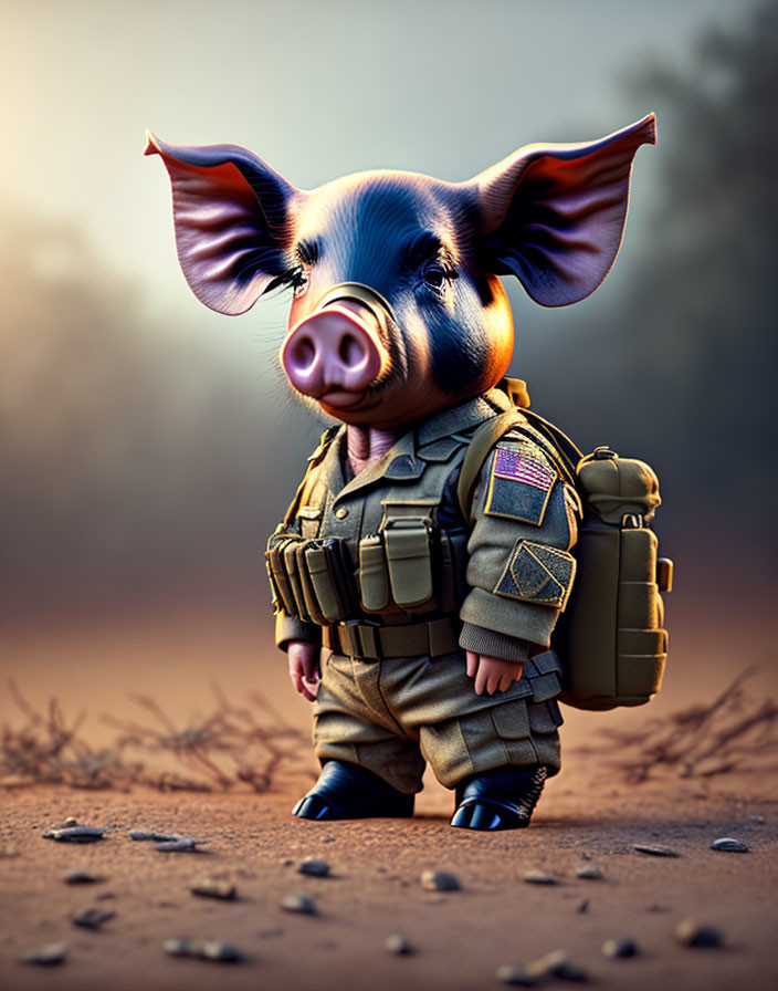 Anthropomorphic pig in military gear on dirt path