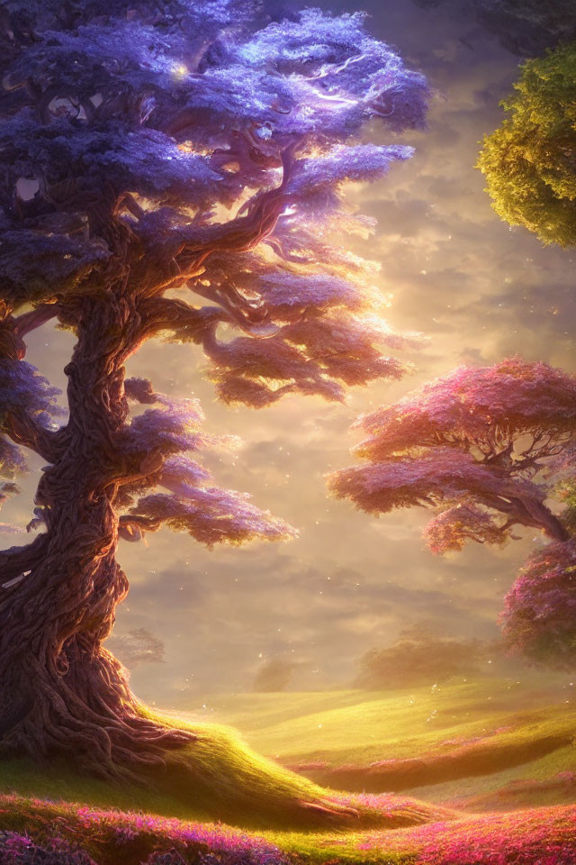 Vibrant purple and pink glowing trees in a fantastical landscape