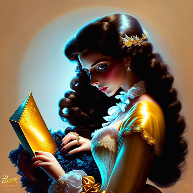 Illustration of woman with voluminous hair reading glowing book