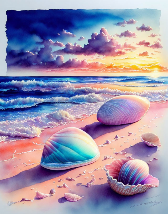 Colorful beach sunset painting with shells, waves, and fluffy clouds