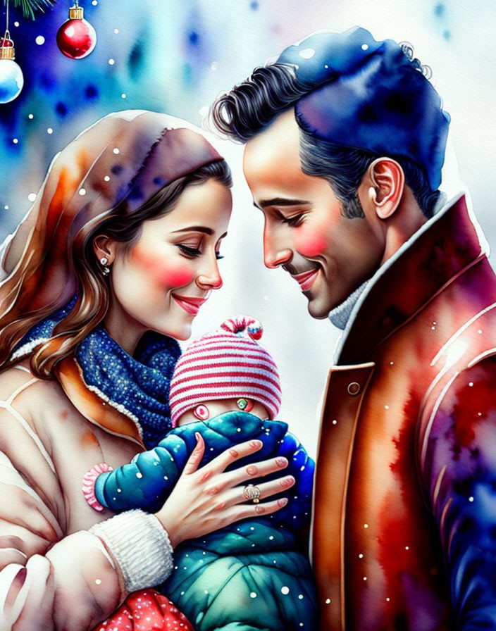 Smiling winter couple embracing baby in festive digital art