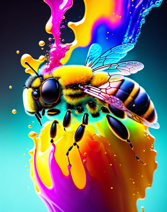 Colorful Digital Art: Hyper-realistic Bee Hovering over Paint Splash