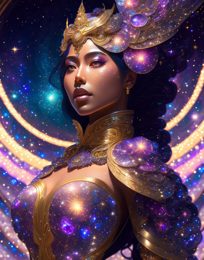 Fantasy artwork: Woman in cosmic armor with celestial motifs