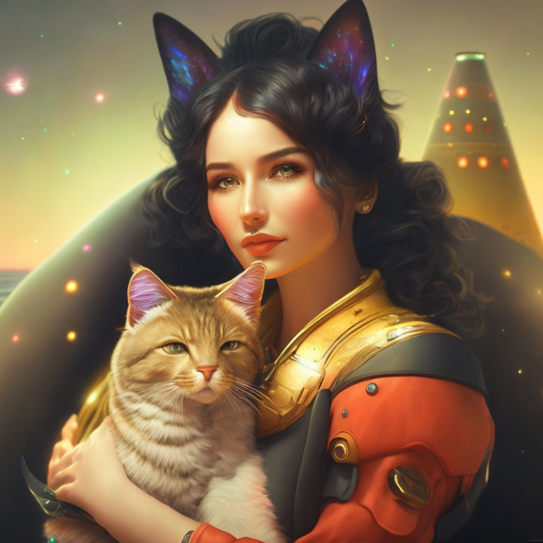 Digital artwork of woman with cosmic cat ears holding orange tabby cat in sci-fi setting