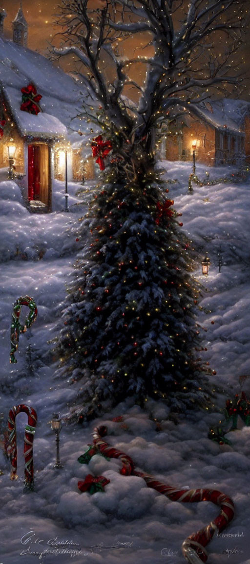 Winter night Christmas scene with snow, tree, candy canes, and festive glow