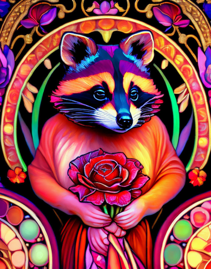 Colorful anthropomorphic raccoon holding red rose in stained glass frame