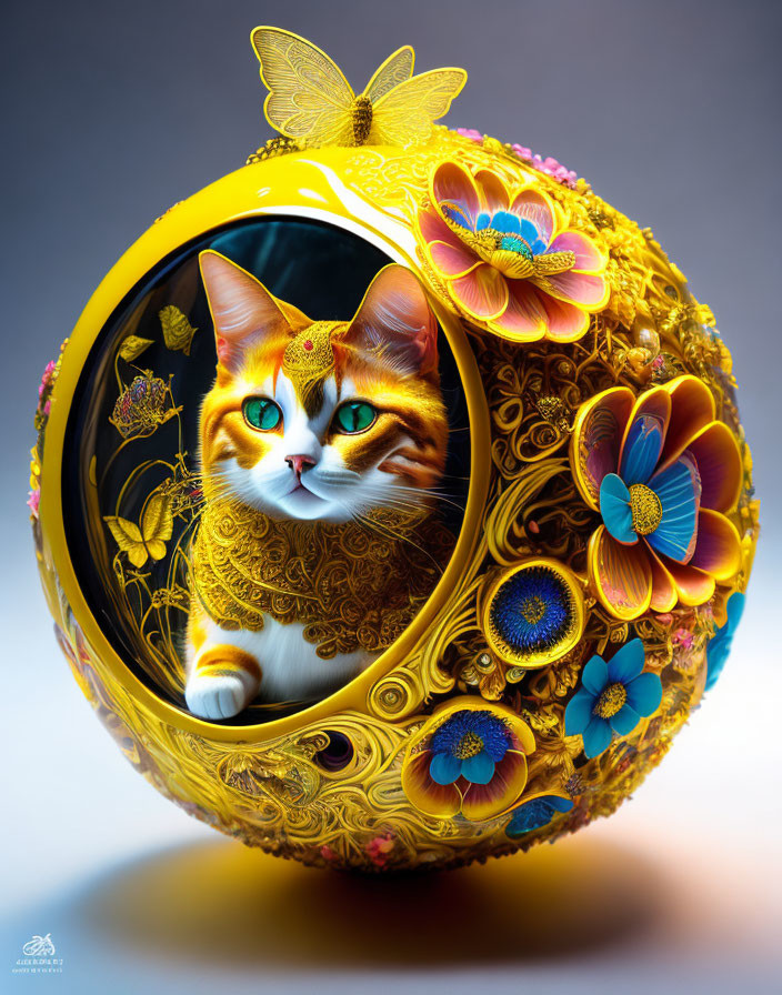 Colorful 3D sphere with cat face, golden patterns, butterflies, and flowers