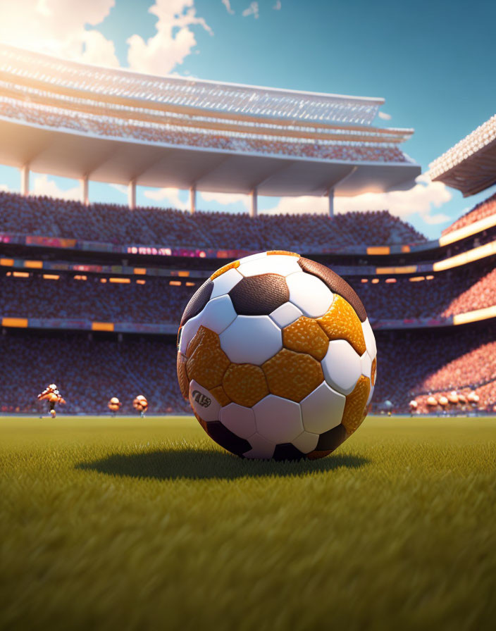 Classic black and white soccer ball on green pitch with blurred players and stadium stands.