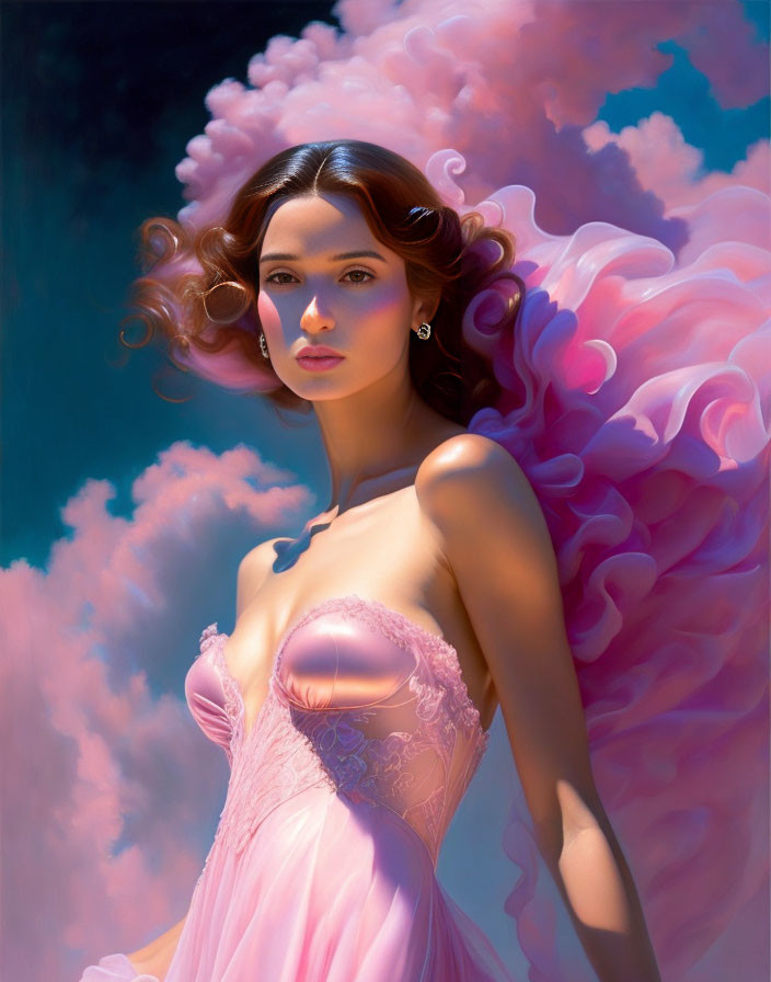 Woman in pink dress with flowing hair against dreamlike backdrop