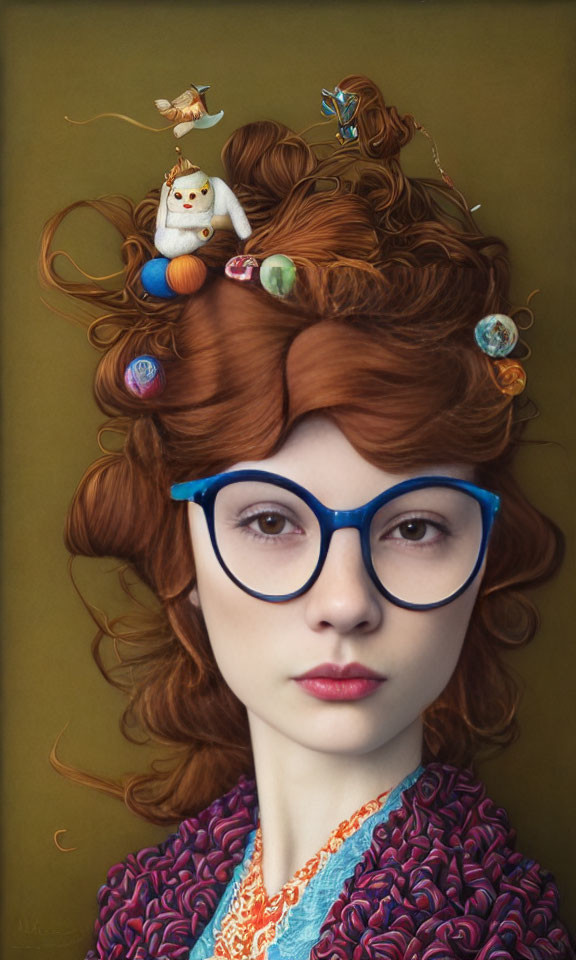 Whimsical woman with cat figurine in hair and colorful ornaments, wearing blue glasses