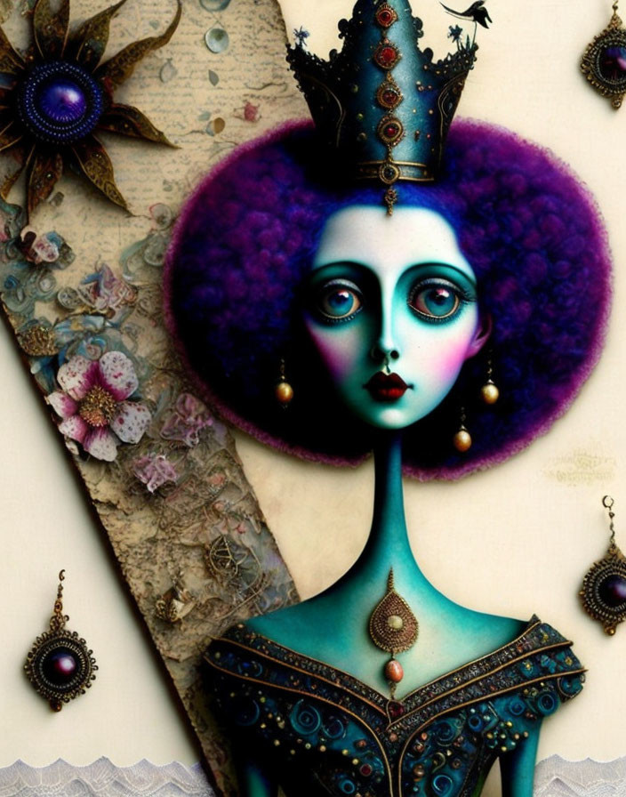 Surreal female figure with purple hair and blue skin on textured background