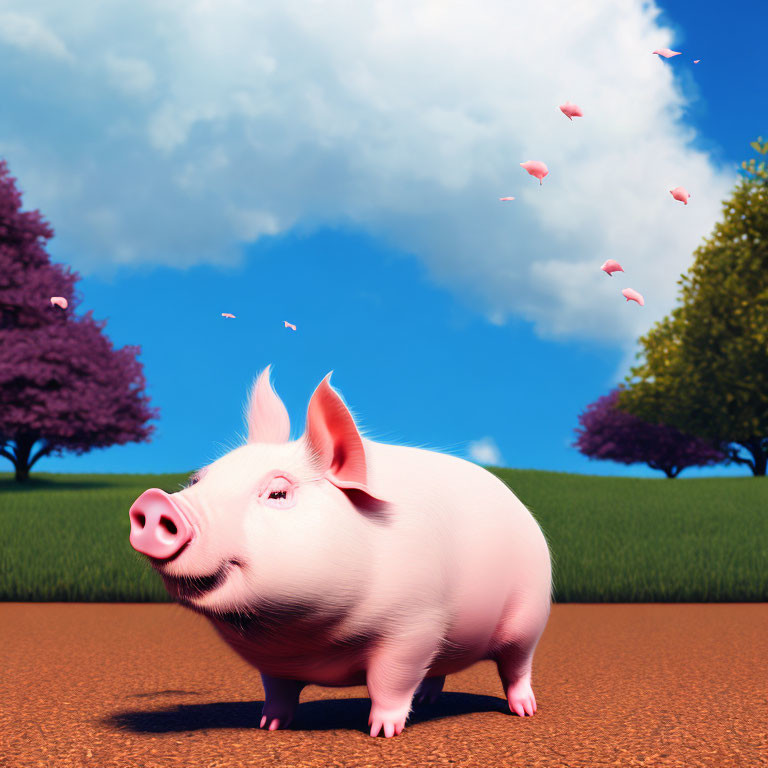 Smiling cartoon pig on dirt path with blooming trees and blue sky