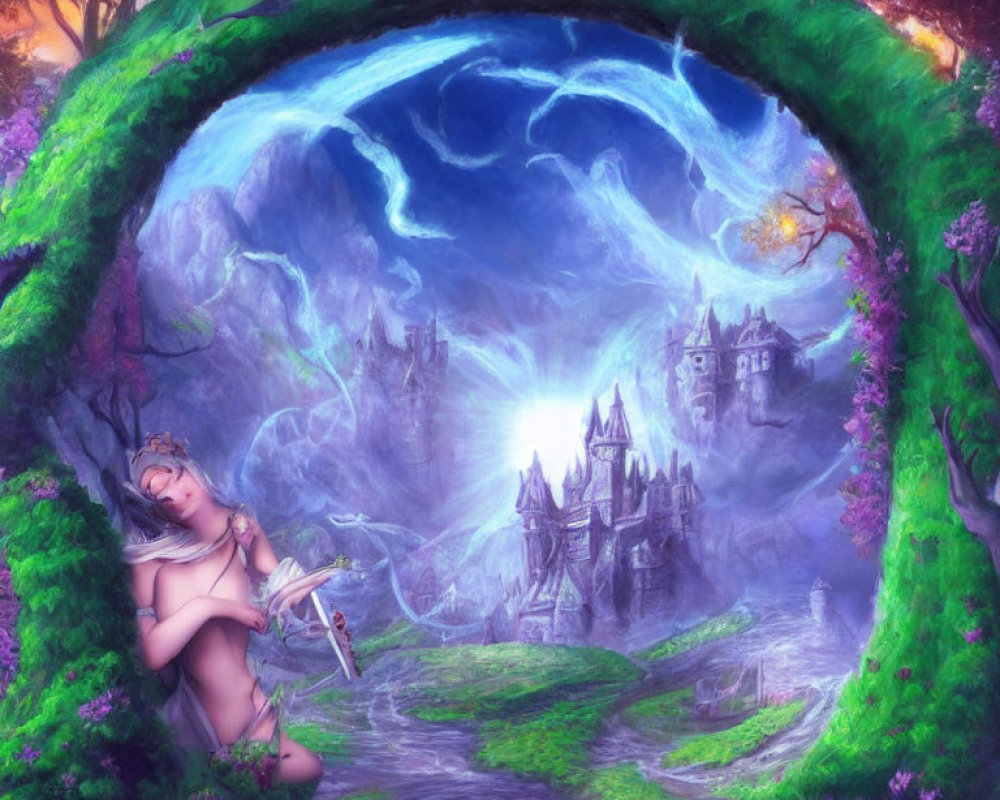 Fantasy illustration of woman with elfin features in lush green frame with dreamy castle backdrop.