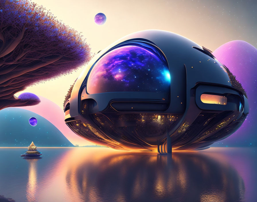 Futuristic spherical structure by tranquil lake at dusk with surreal trees and floating orbs