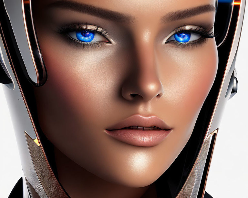 Close-up of female face with striking blue eyes and sleek futuristic helmet framing features.