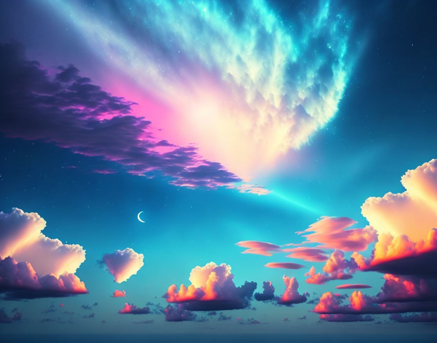 Colorful crescent moon and radiant beam in celestial dusk scene