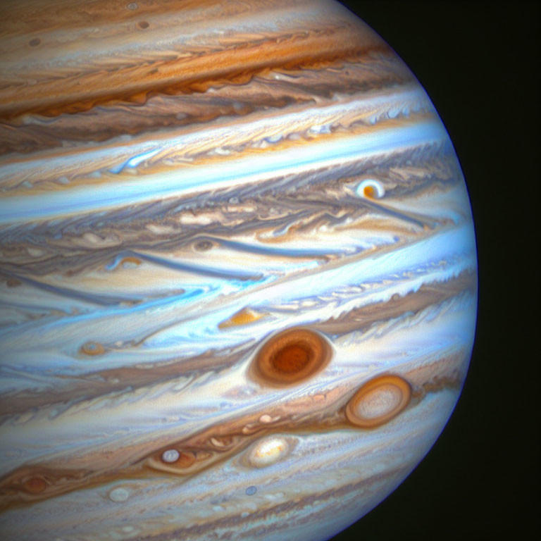 Detailed view of swirling gas clouds and storms on Jupiter.