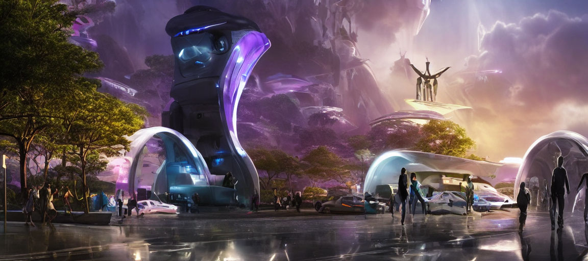 Sleek futuristic cityscape with illuminated buildings, advanced vehicles, and grand statue.