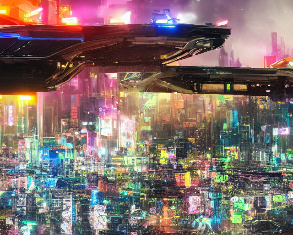 Vibrant futuristic cityscape with neon lights and flying cars