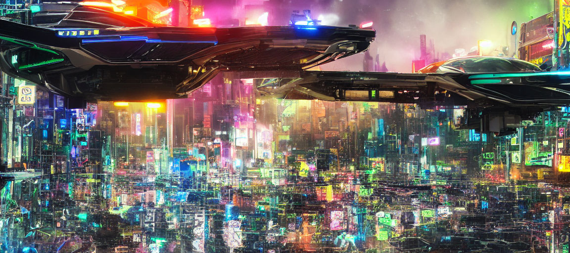 Vibrant futuristic cityscape with neon lights and flying cars