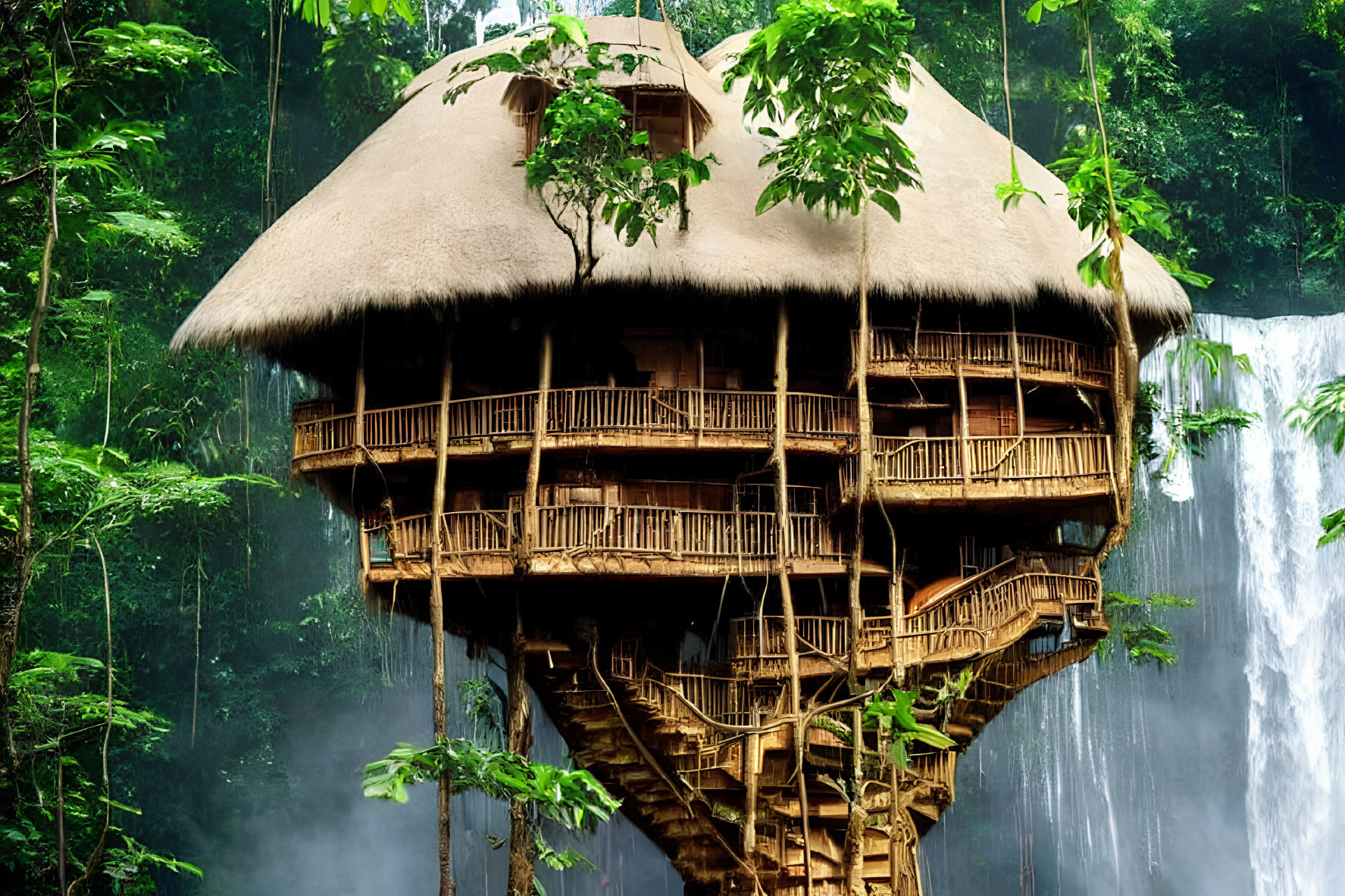 Thatched-Roof Treehouse with Wooden Staircase in Jungle Waterfall