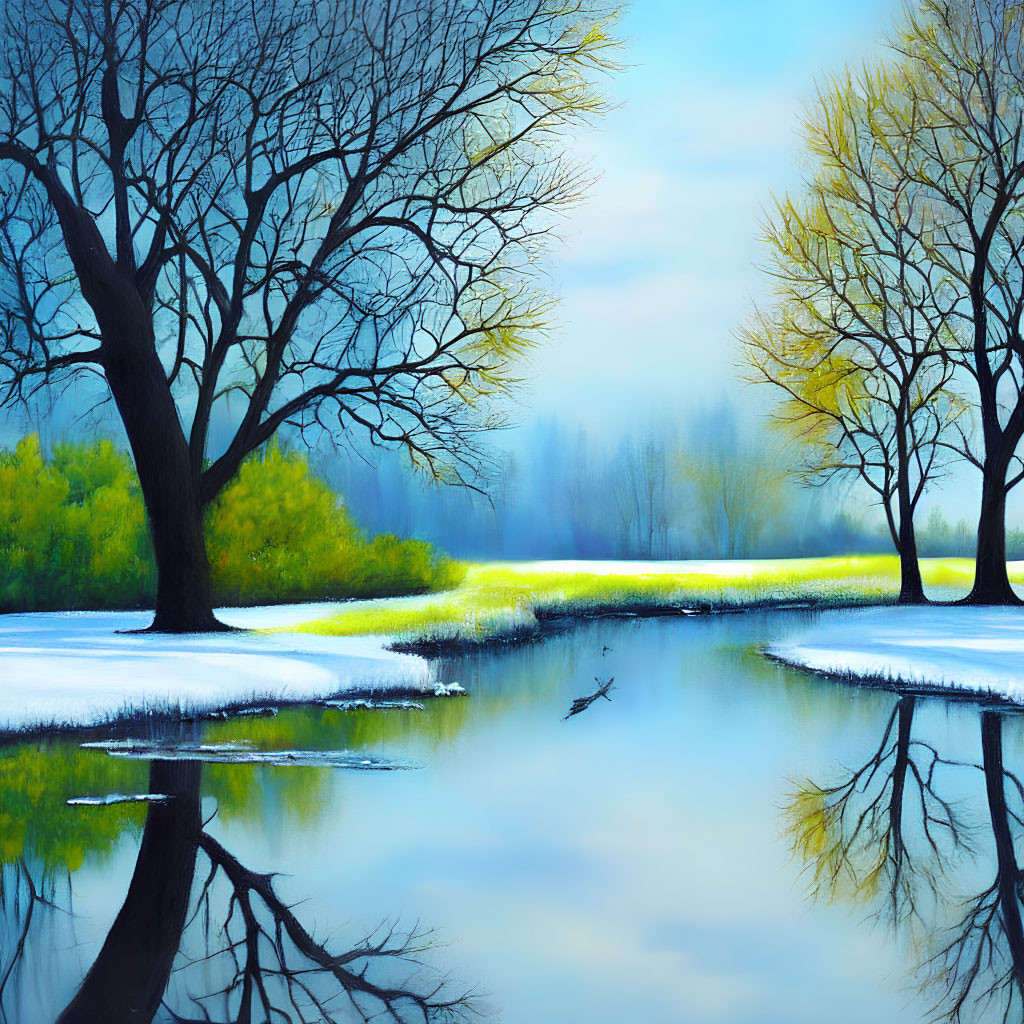 Tranquil winter landscape with reflecting trees and snowy riverbanks