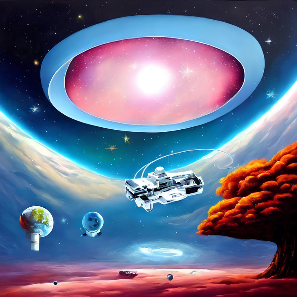 Colorful Sci-Fi Illustration: Spaceship, Planets, UFO, and Starlit Sky