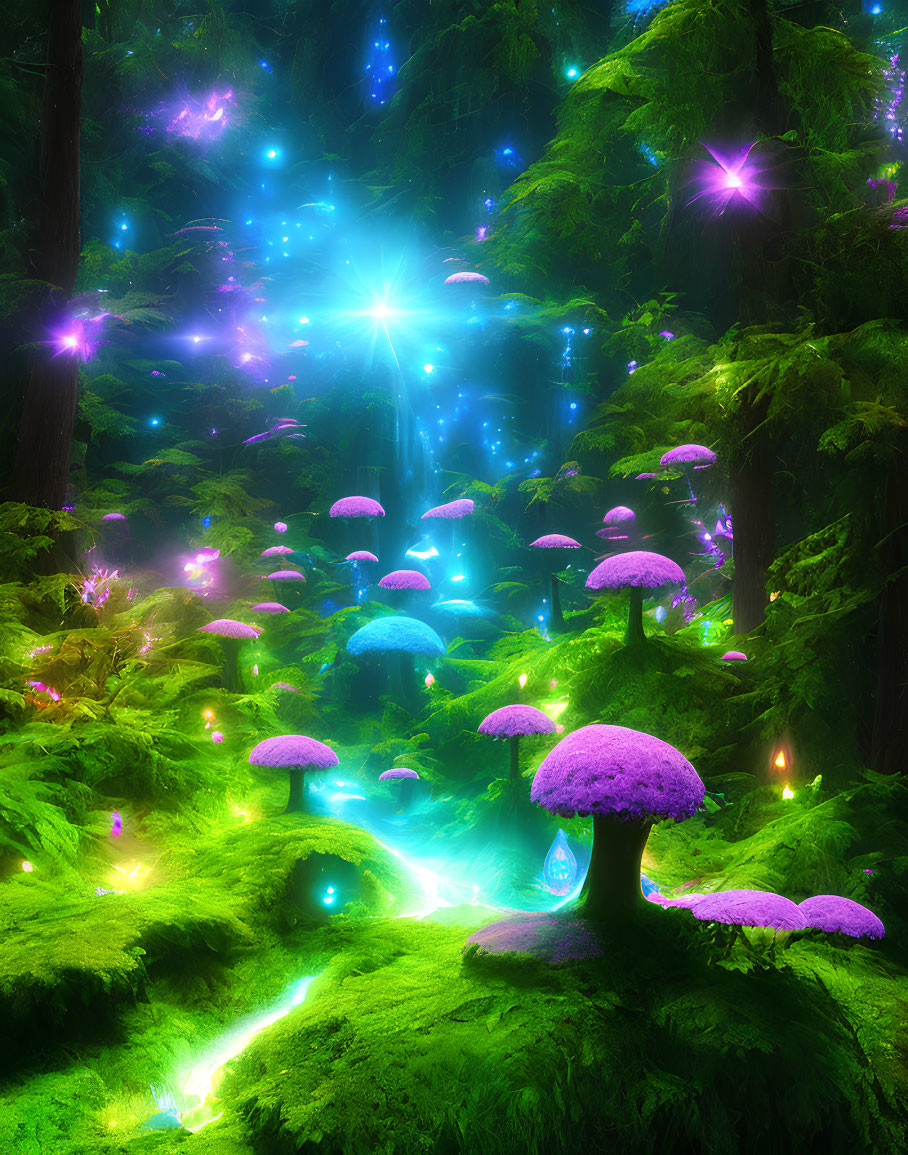 Enchanting fantasy forest with glowing mushrooms and sparkling lights