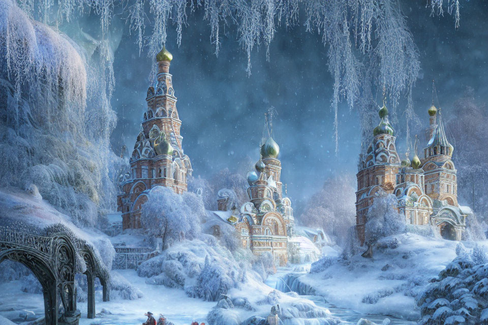 Snow-covered Russian cathedral-like buildings in a magical winter scene.