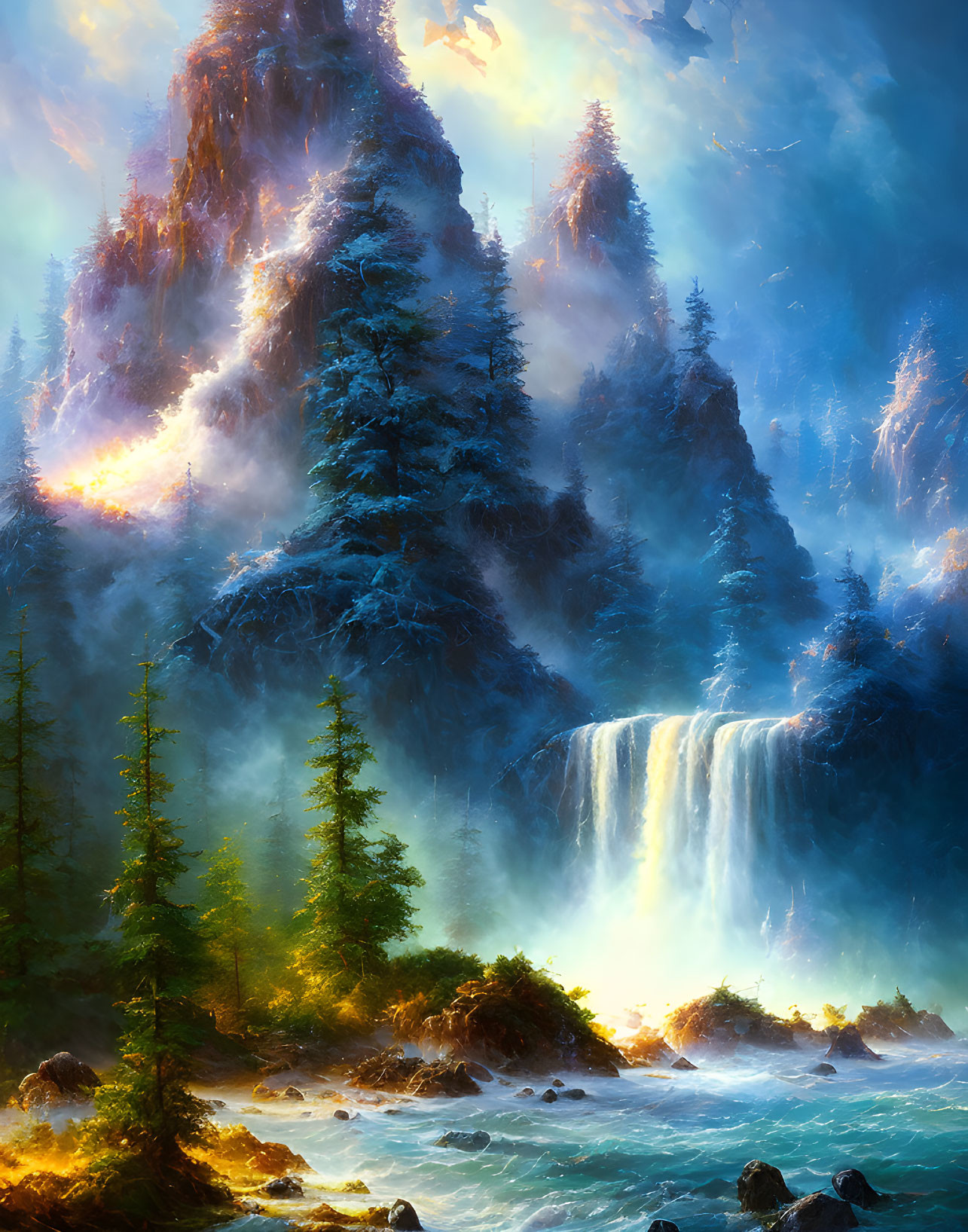 Mystical landscape painting with pine trees, waterfall, and river