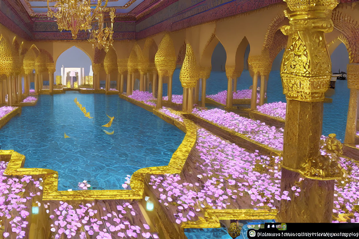 Luxurious Indoor Pool with Golden Pillars and Chandeliers amid Pink Petals under Starry Sky