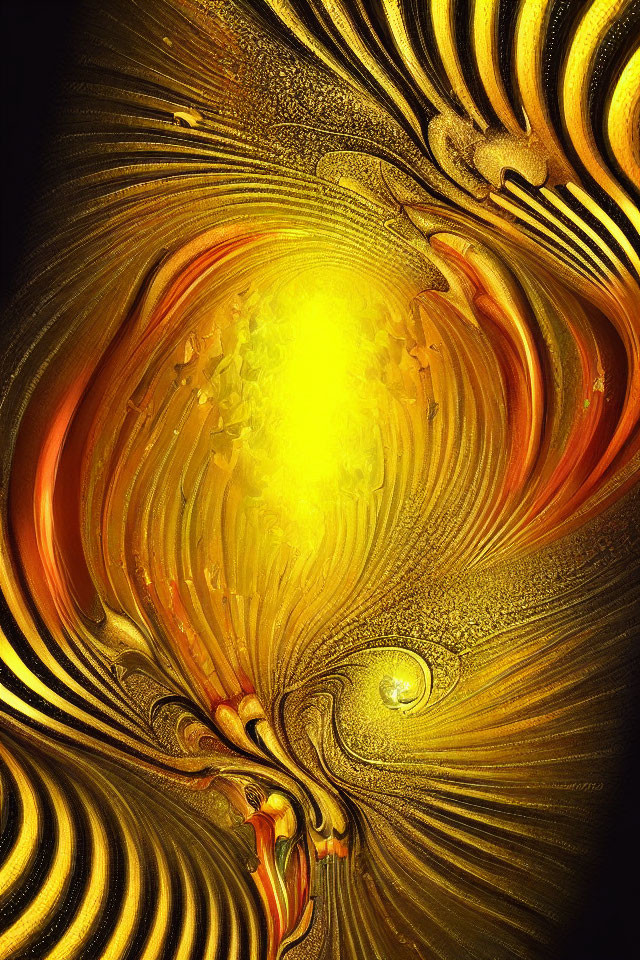 Swirling golden and black fractal art with bright yellow center