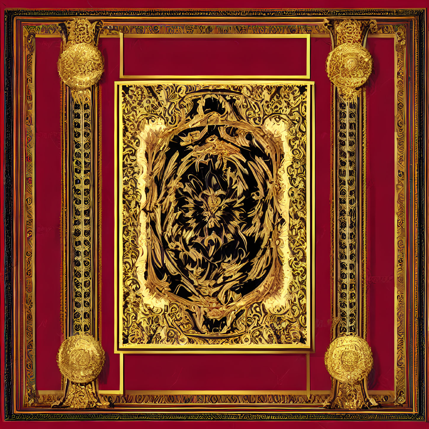 Intricate golden frame with red accents and floral motifs