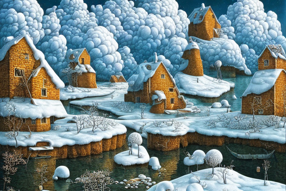 Snow-covered cottages and frozen river in wintry village scene