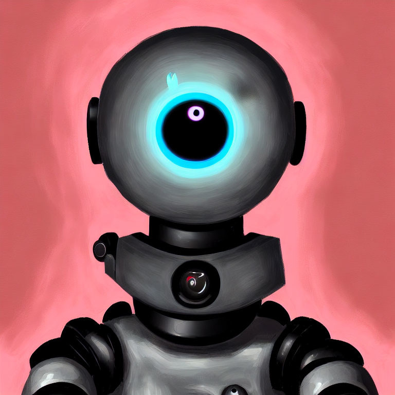 Digital painting of a robot with blue eye on pink background