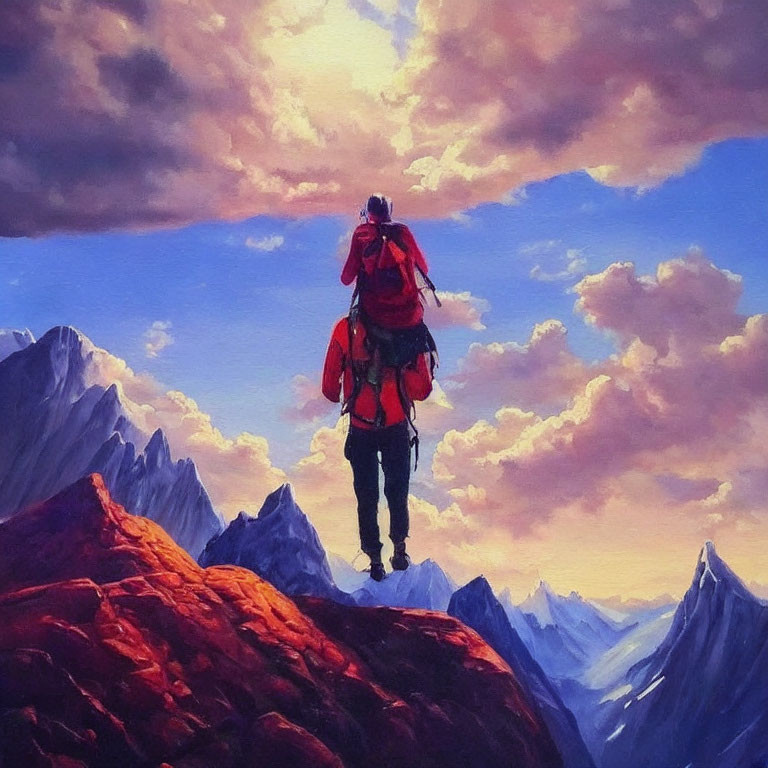 Red-clad climber on mountain summit under dramatic sky