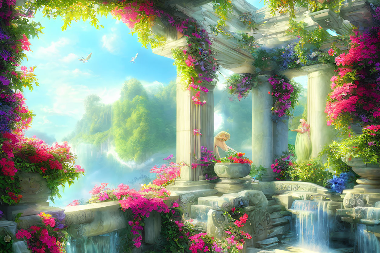 Tranquil fantasy landscape with greenery, pink flowers, waterfall, and contemplative figure