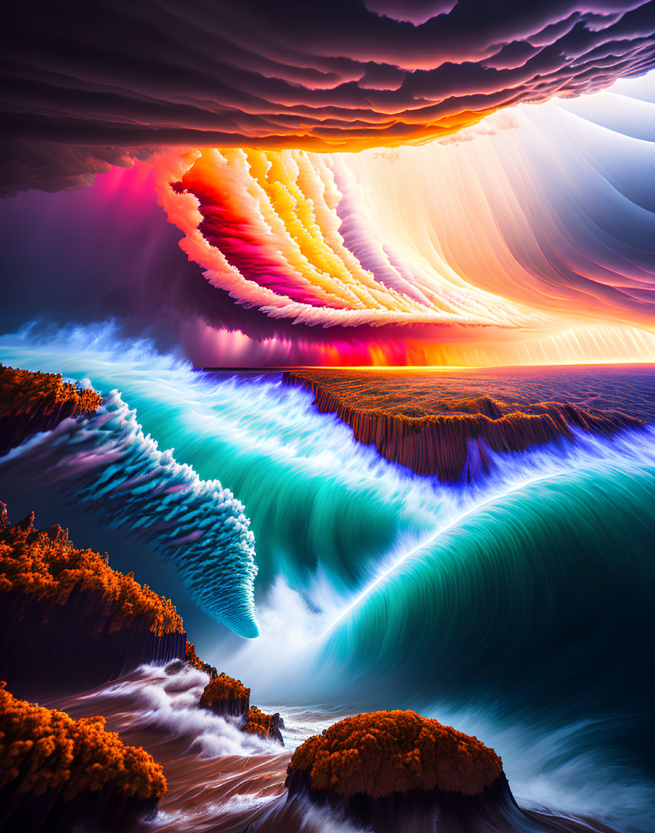 Colorful digital artwork: surreal landscape with cascading waves, vibrant sky, and autumnal trees.