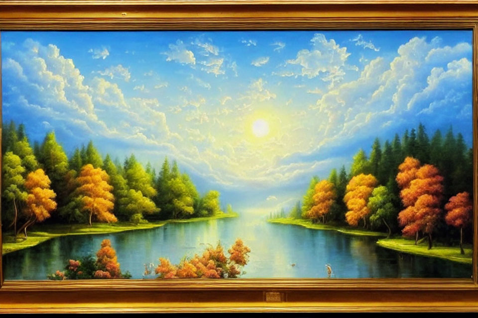 Tranquil landscape painting of calm river and autumn trees