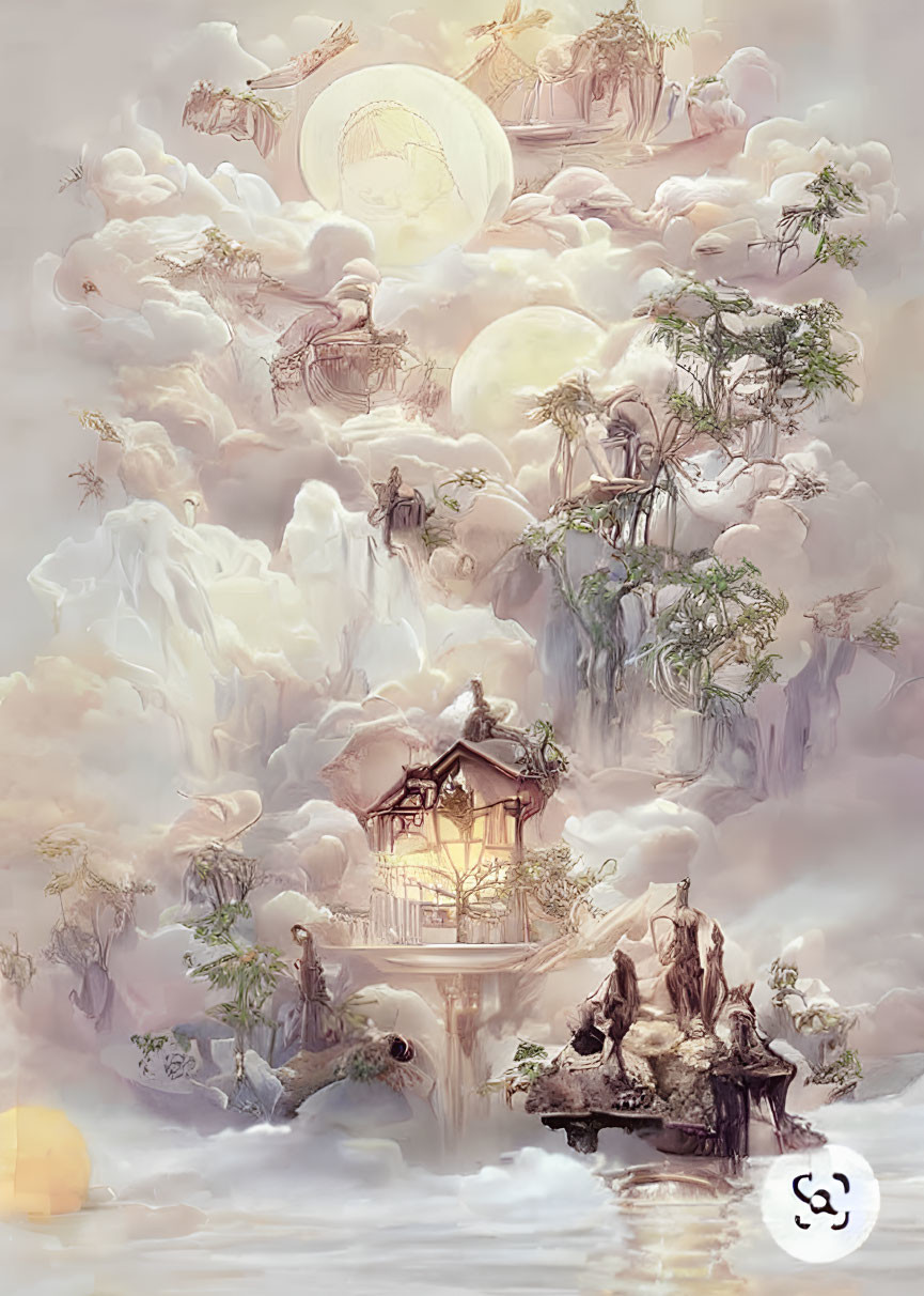 Ethereal landscape with floating islands, Asian architecture, lush trees, and yellow celestial body