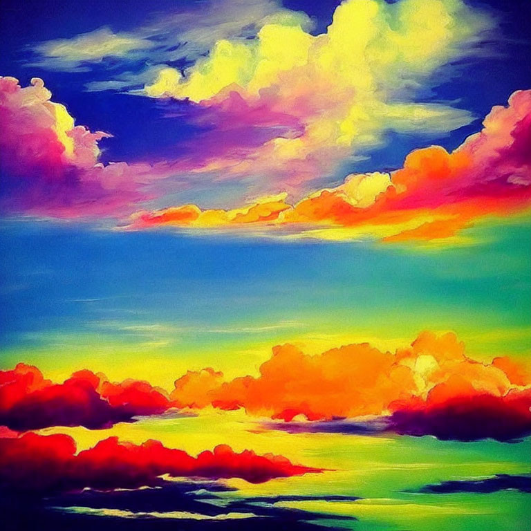 Colorful Sky Painting with Yellow, Pink, and Blue Clouds on Turquoise Background