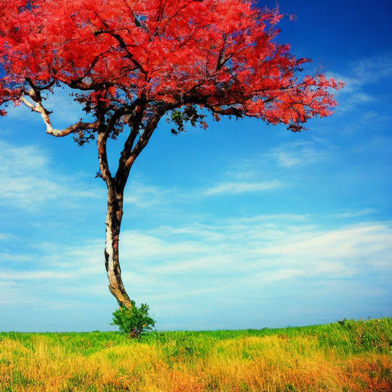 Solitary tree with red foliage in sunlit field with golden grass against blue sky