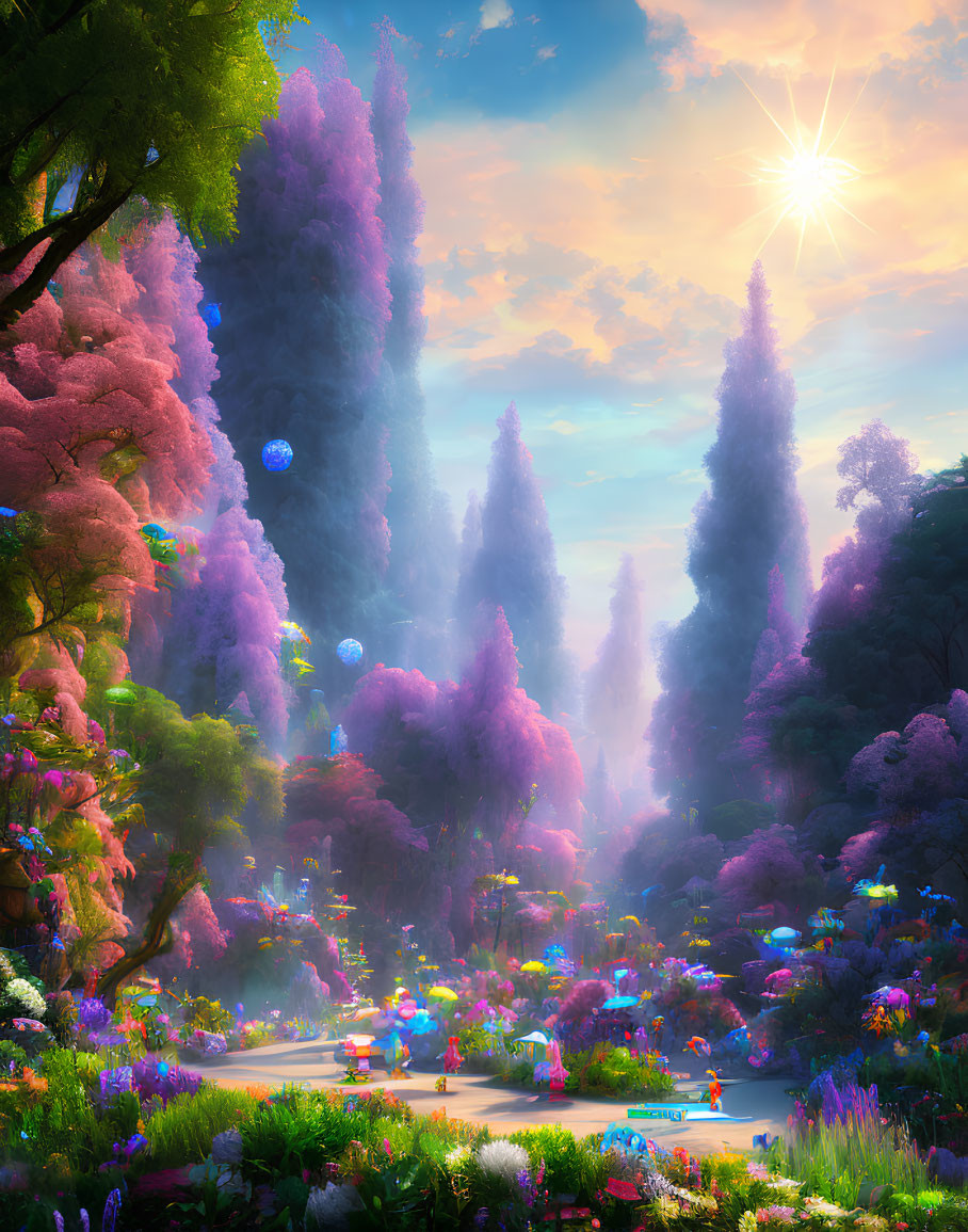 Vibrant fantasy landscape with purple trees, colorful flora, floating orbs