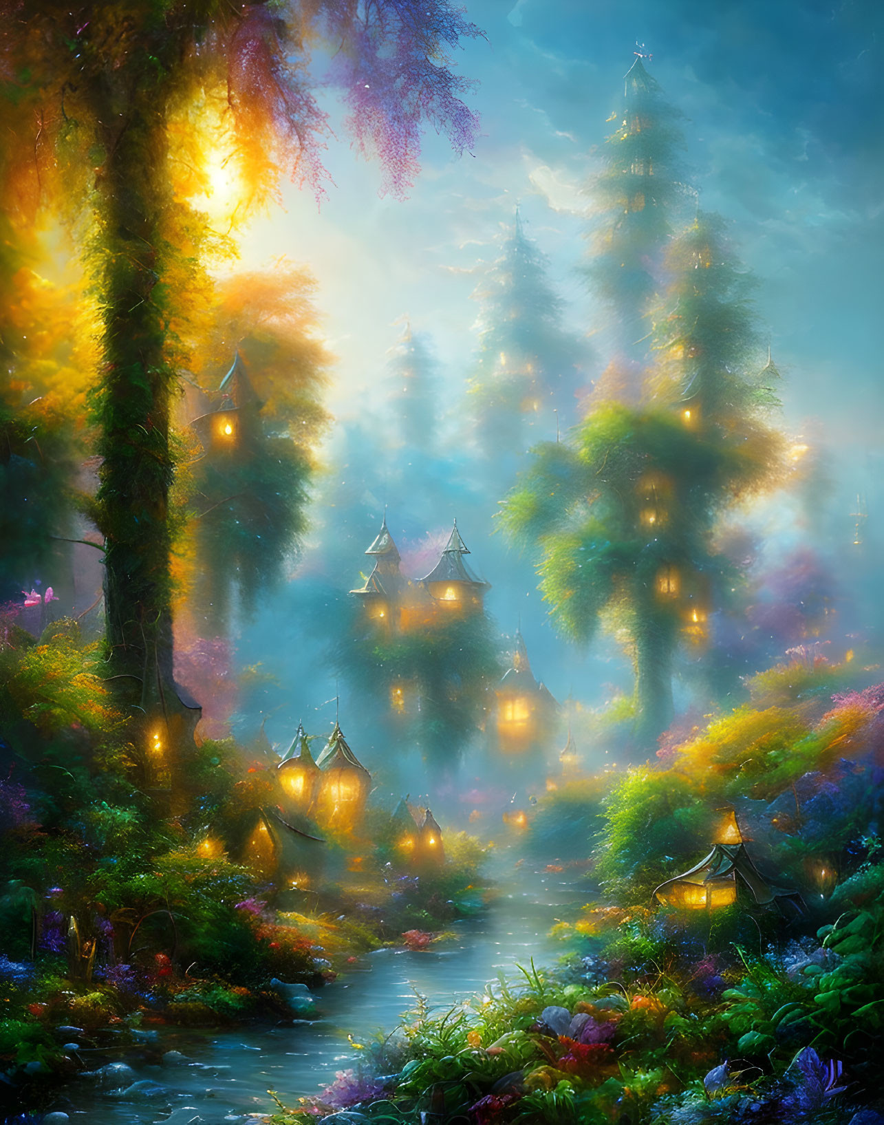 Enchanted forest scene with illuminated lanterns, colorful flowers, and a reflective creek