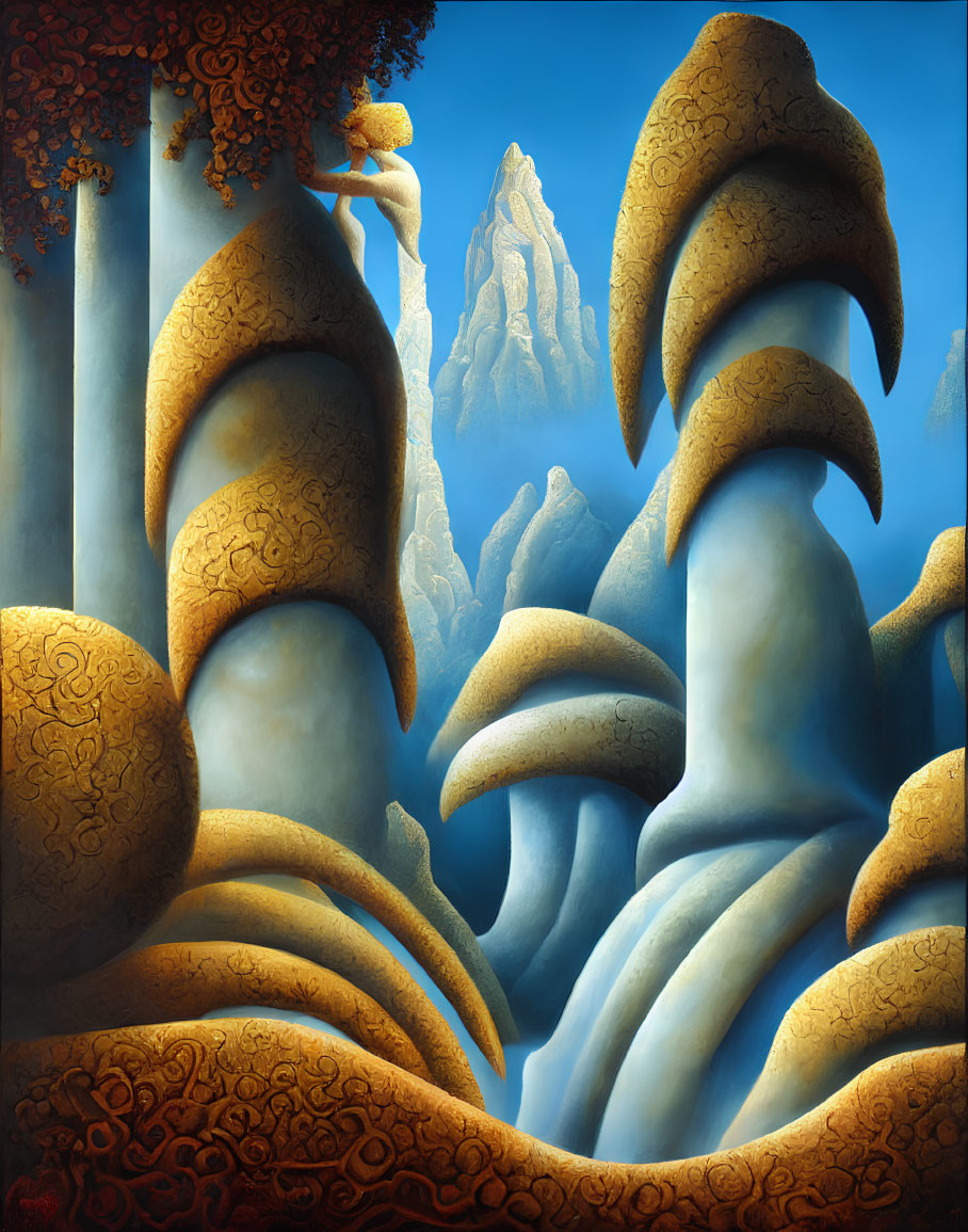 Surreal landscape with ornate mushroom-like structures under blue sky