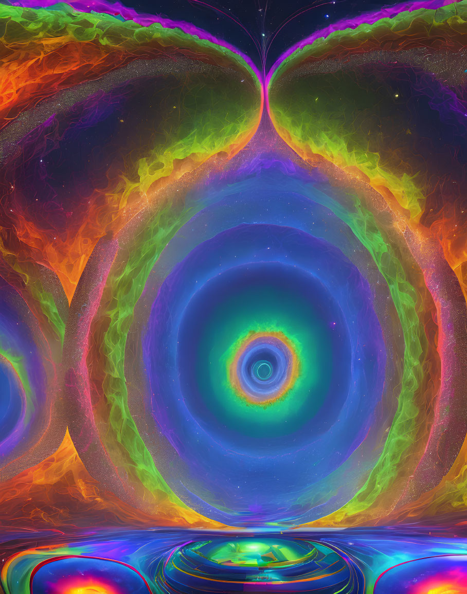 Symmetrical blue spiral surrounded by colorful flames on digital fractal art