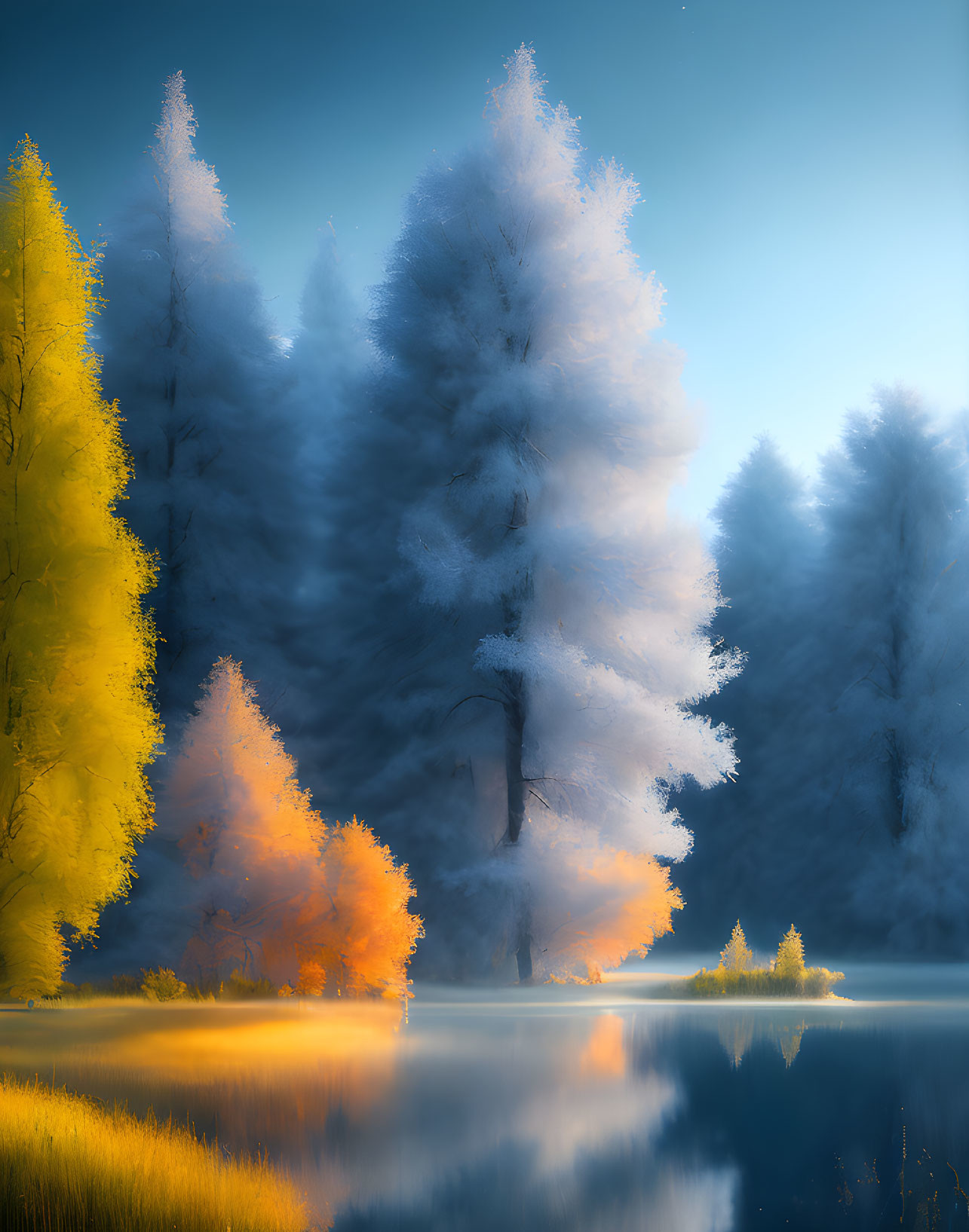 Golden and Blue Trees Reflecting on Calm Water in Ethereal Landscape