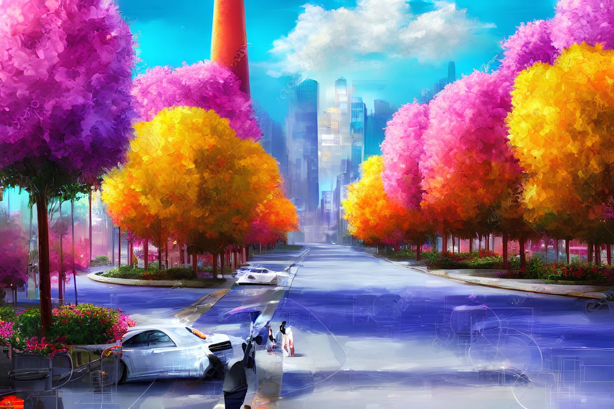 Multicolored Trees and Busy Street Scene with Skyscrapers