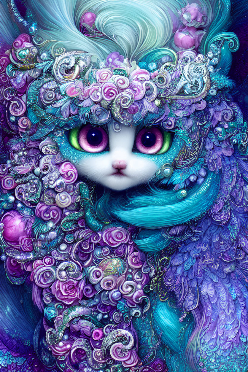 Fantastical creature illustration with expressive eyes and floral patterns