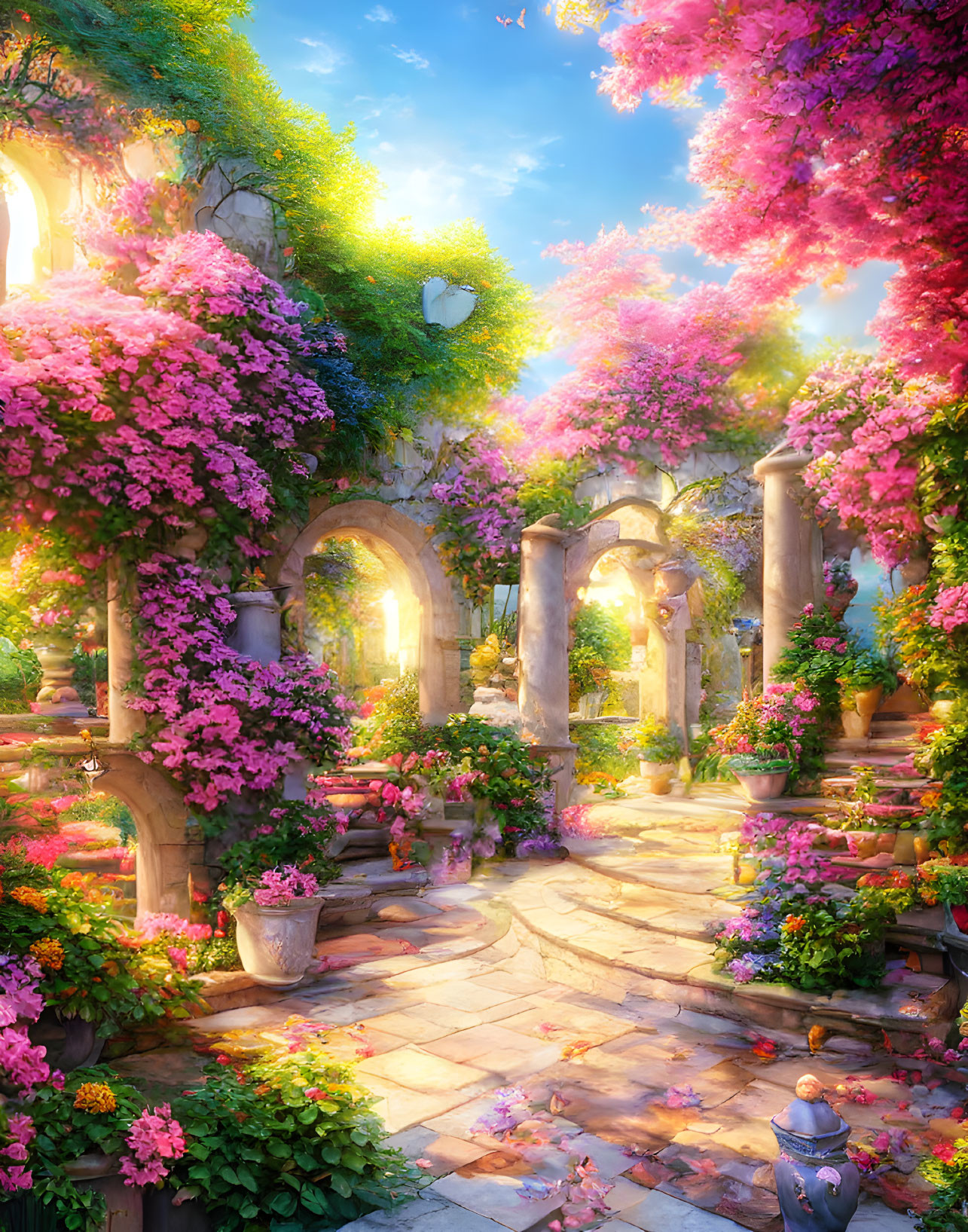 Blooming pink flowers on garden pathway with sunlight and heart-shaped stone.